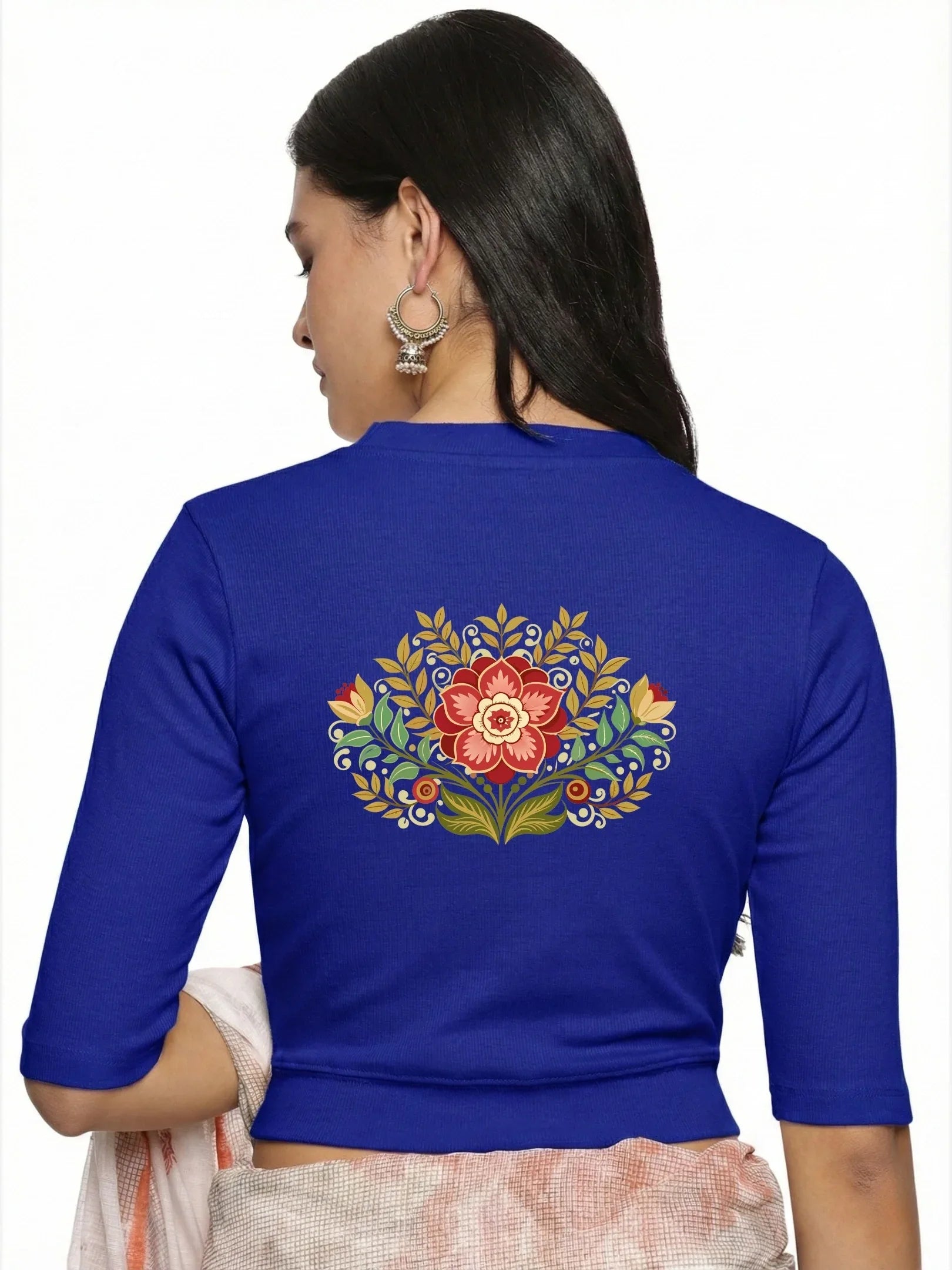 Women Back Printed Stretchable Elbow Sleeve RIB Blouse U0120 - notyetbyus