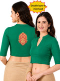 Women Mandarin Collar Back Gold Printed Stretchable Elbow Sleeve Blouse M0277 Emerald Green