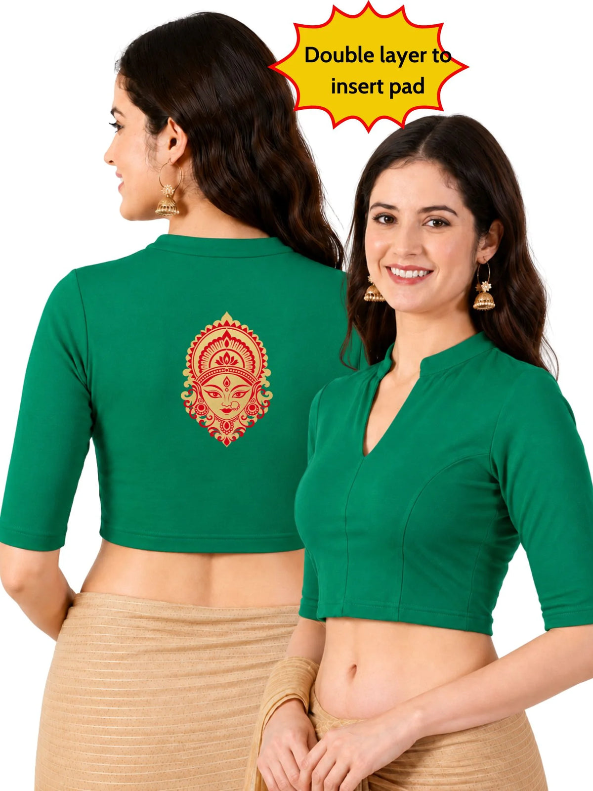Women Mandarin Collar Back Gold Printed Stretchable Elbow Sleeve Blouse M0277 Emerald Green