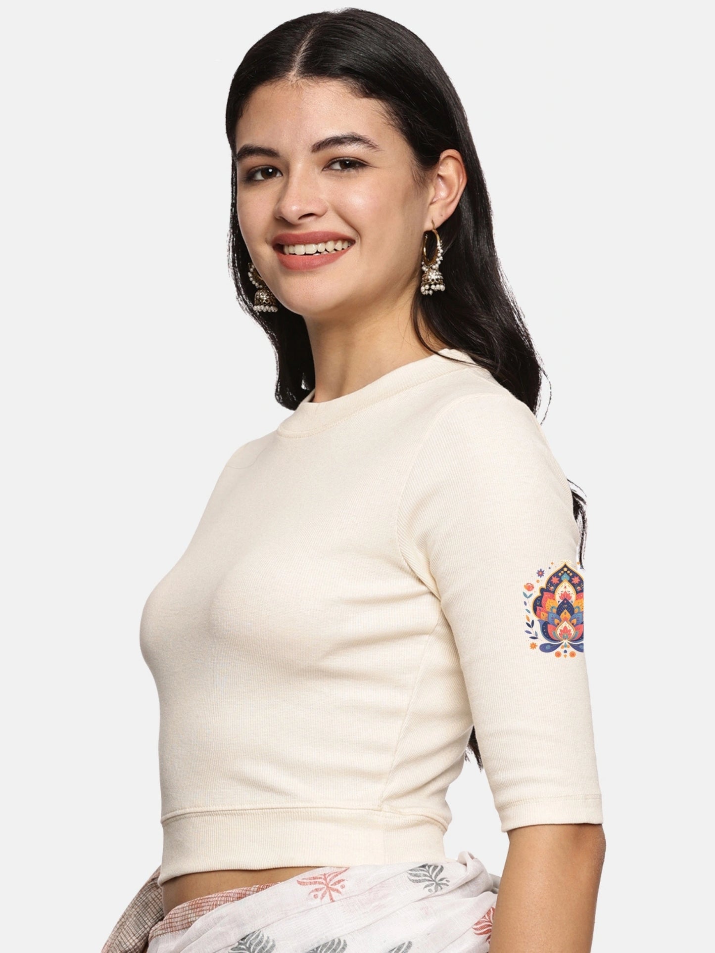Women Back Printed Stretchable Elbow Sleeve RIB Blouse U0157 Cream