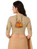 Women Mandarin Collar Back Printed Stretchable Elbow Sleeve Blouse U0267 Beige
