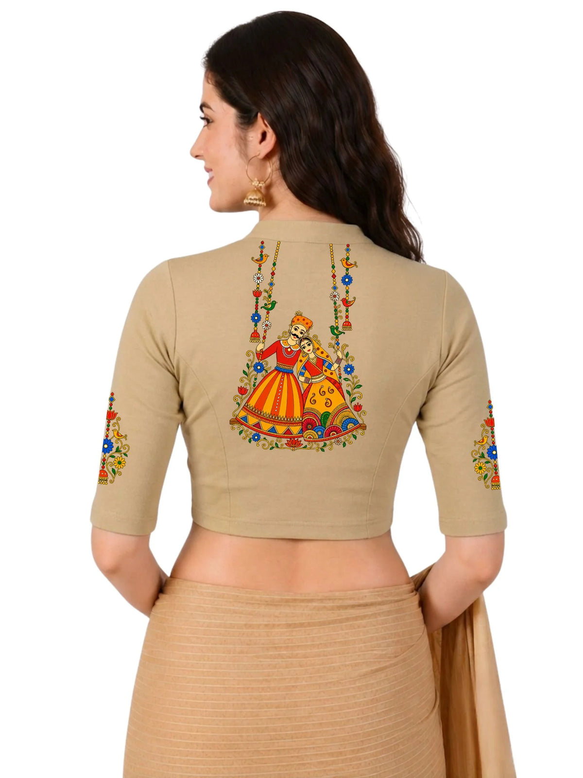 Women Mandarin Collar Back Printed Stretchable Elbow Sleeve Blouse U0267 Beige