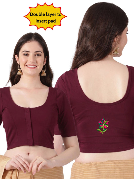 DIY Embroidery Kit with Women Front Open Stretchable Half Sleeve Blouse E03 – Maroon