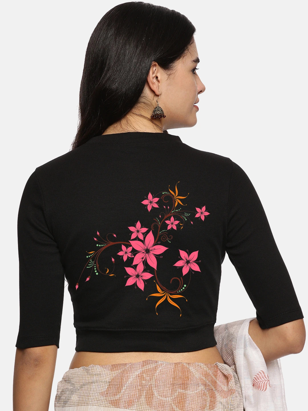 Women Back Printed Stretchable Elbow Sleeve RIB Blouse U0113 - notyetbyus