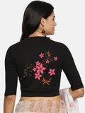 Women Back Printed Stretchable Elbow Sleeve RIB Blouse U0113 Black