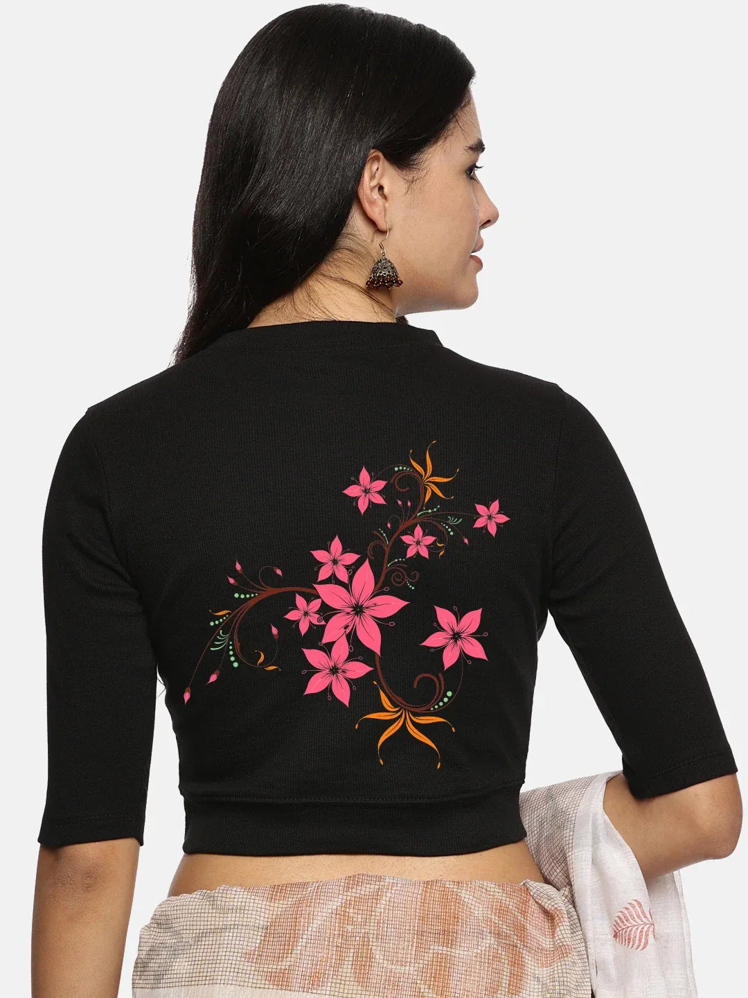 Women Back Printed Stretchable Elbow Sleeve RIB Blouse U0113 - notyetbyus