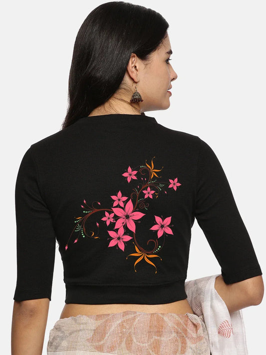 Women Back Printed Stretchable Elbow Sleeve RIB Blouse U0113 - notyetbyus