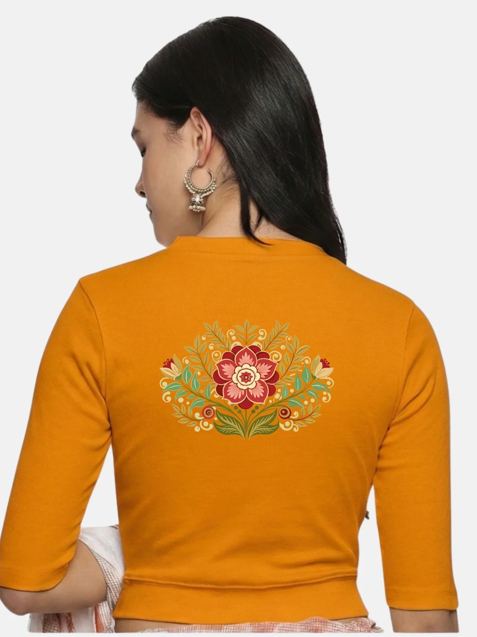 Women Back Printed Stretchable Elbow Sleeve RIB Blouse U0120 - notyetbyus