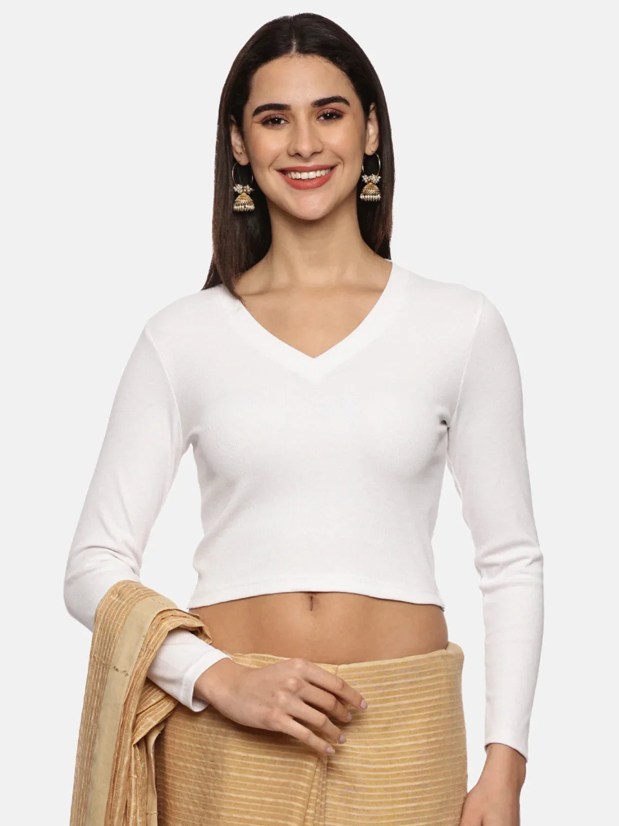 Women Plain Stretchable Full Sleeve V Neck RIB Blouse U0191 - notyetbyus
