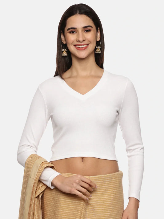 Women Plain Stretchable Full Sleeve V Neck RIB Blouse U0191 - notyetbyus