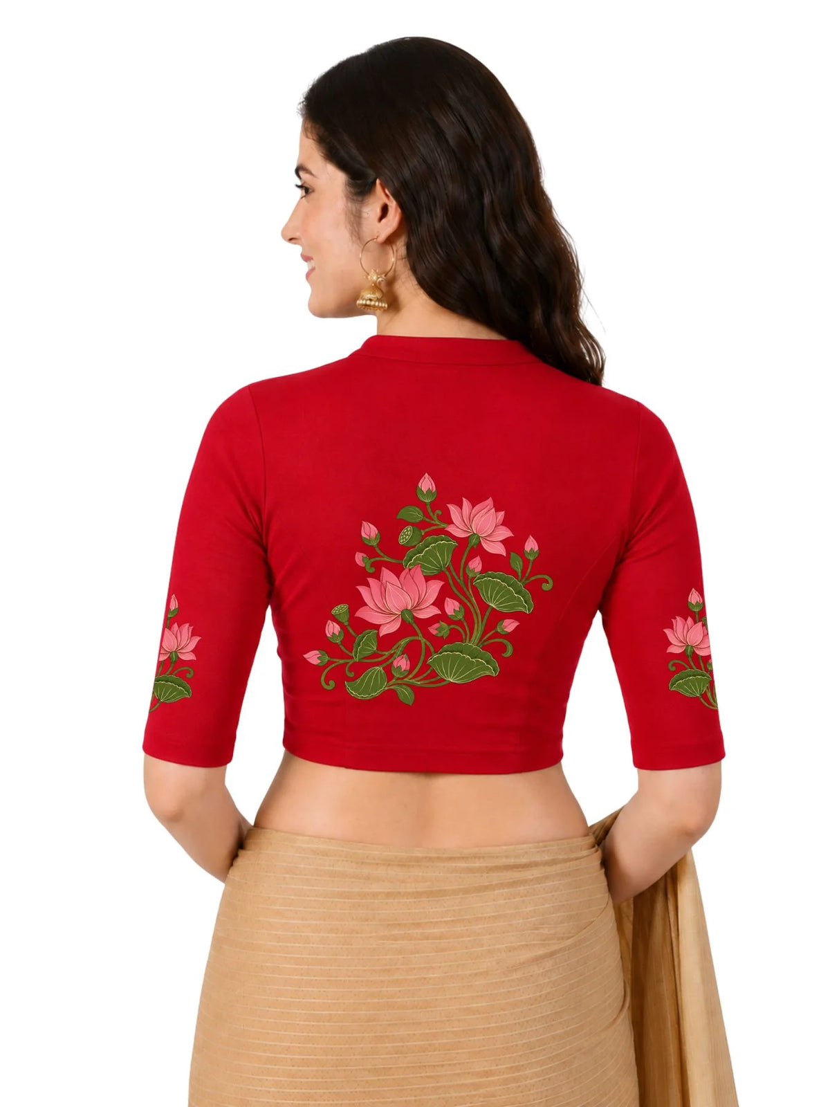 Women Mandarin Collar Back Printed Stretchable Elbow Sleeve Blouse U0273 Red