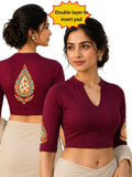 Women Mandarin Collar Back Printed Stretchable Elbow Sleeve Blouse U0279 Maroon