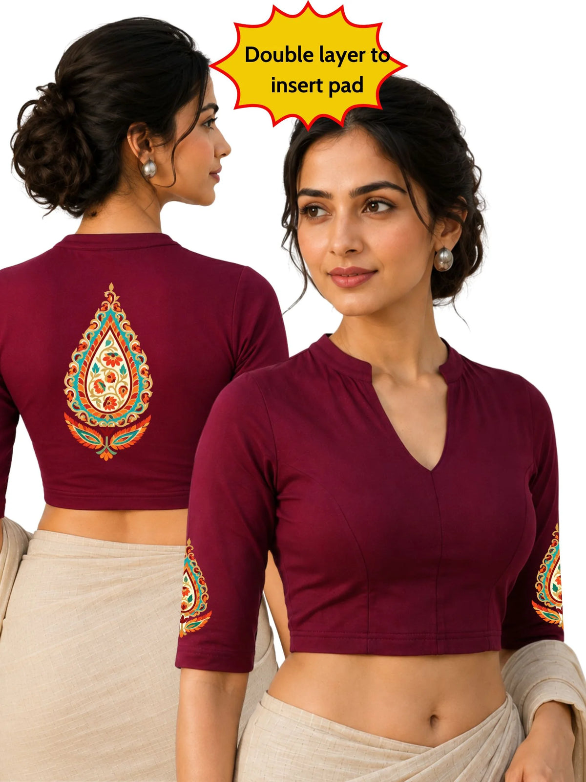 Women Mandarin Collar Back Printed Stretchable Elbow Sleeve Blouse U0279 Maroon