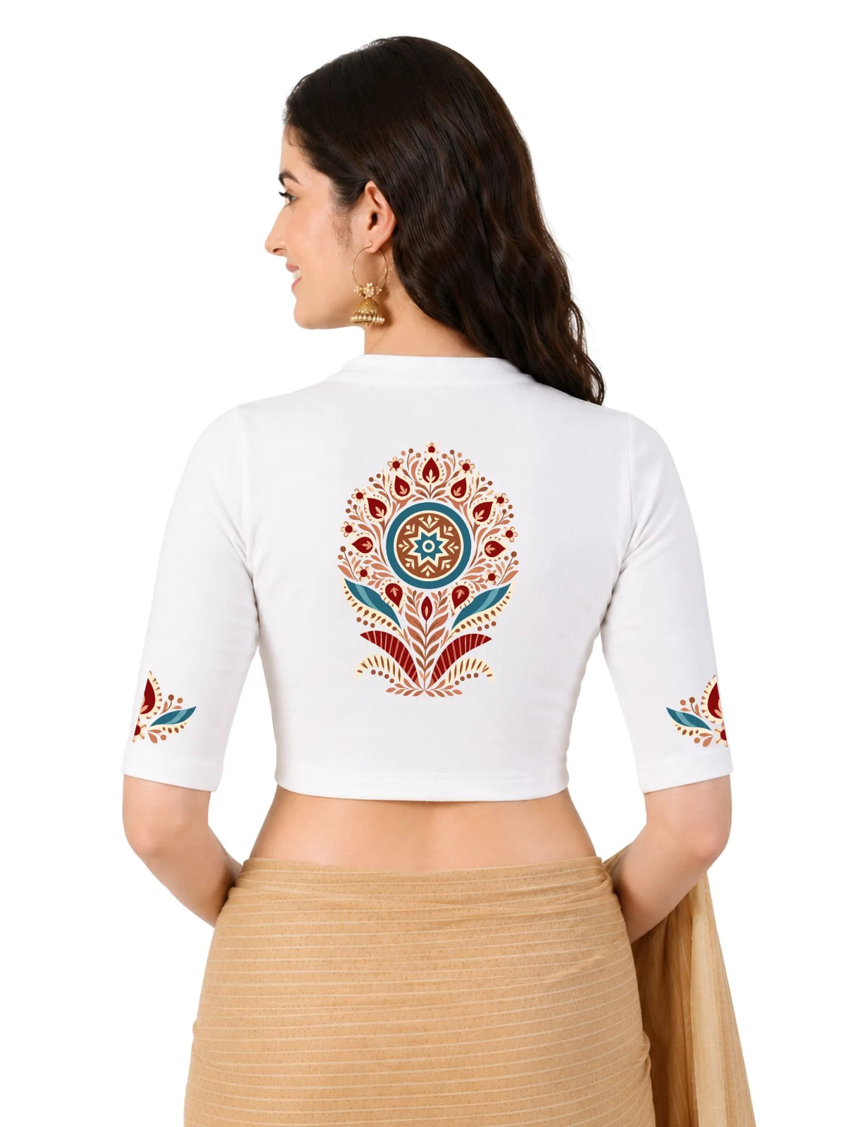 Women Mandarin Collar Back Printed Stretchable Elbow Sleeve Blouse U0280 White
