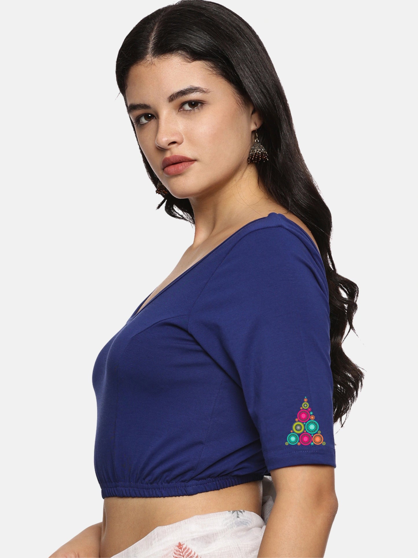 Women Back Printed Stretchable Half Sleeve Blouse U0173 Royal Blue