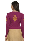 Women Back Printed Stretchable Full Sleeve V Neck RIB Blouse U0189 Wine Pink