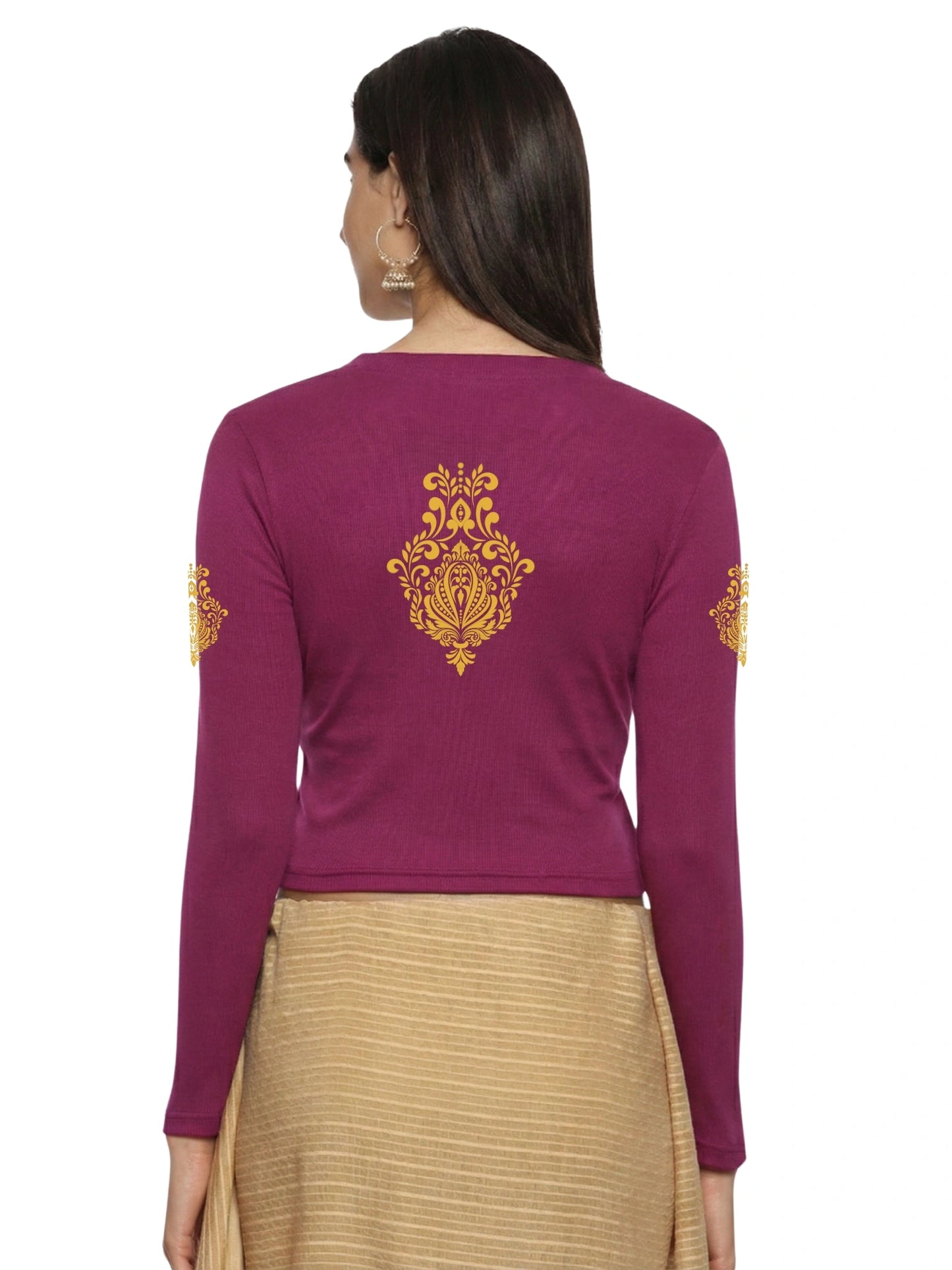 Women Back Printed Stretchable Full Sleeve V Neck RIB Blouse U0189 Wine Pink