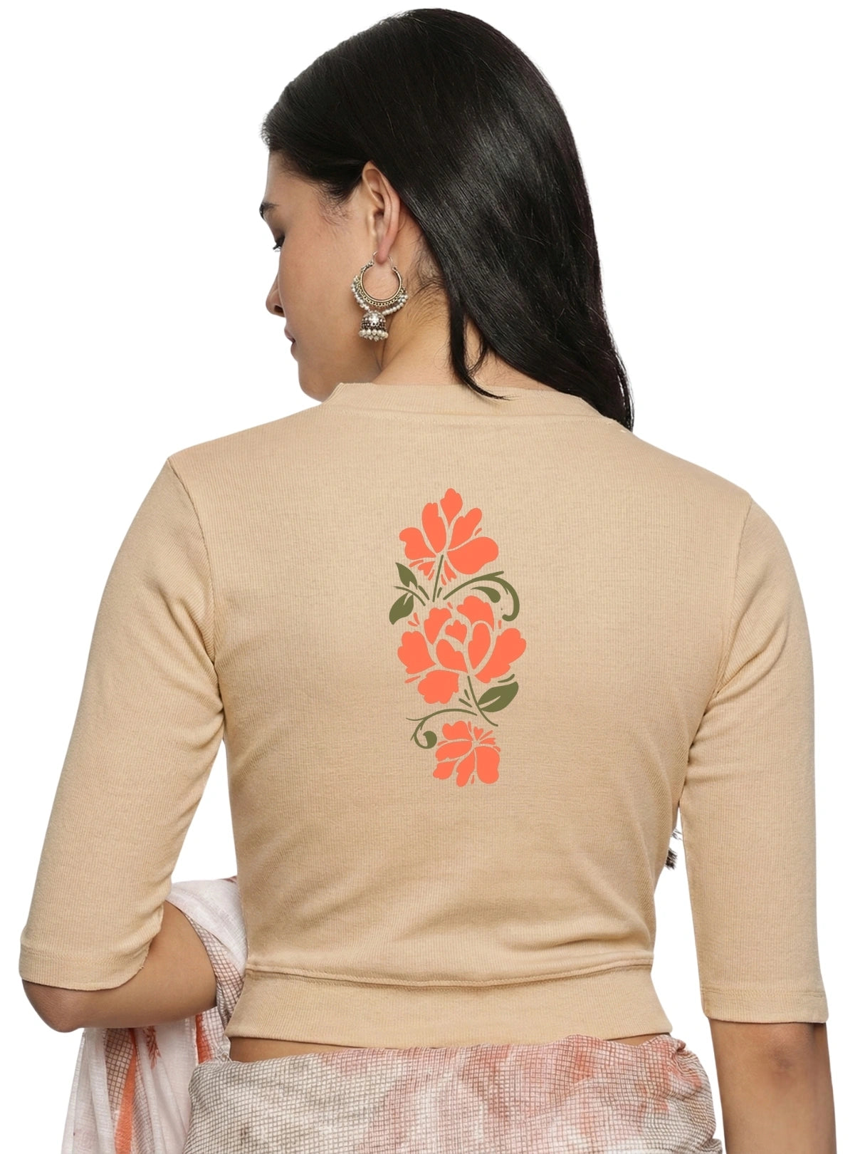 Women Back Printed Stretchable Elbow Sleeve RIB Blouse U0118 Chikoo