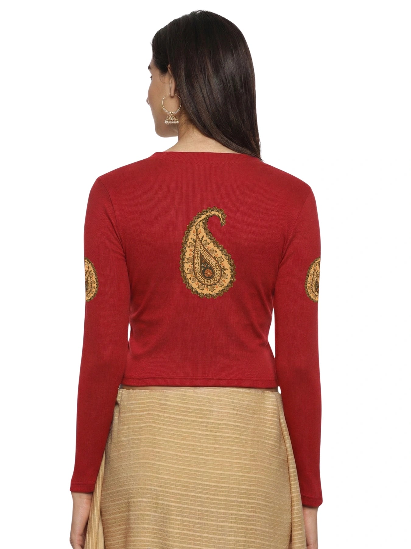 Women Back Printed Stretchable Full Sleeve V Neck RIB Blouse U0186 Red