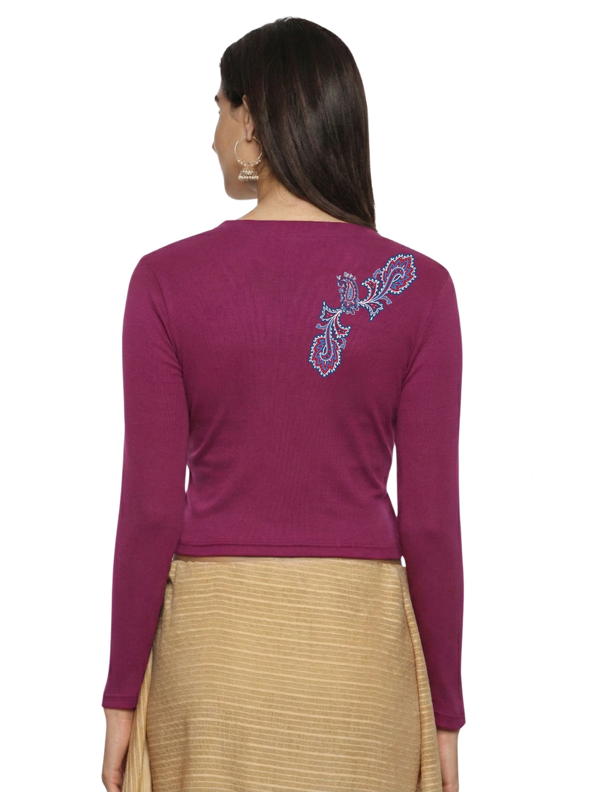 Women Back Printed Stretchable Full Sleeve V Neck RIB Blouse U0217 Wine Pink