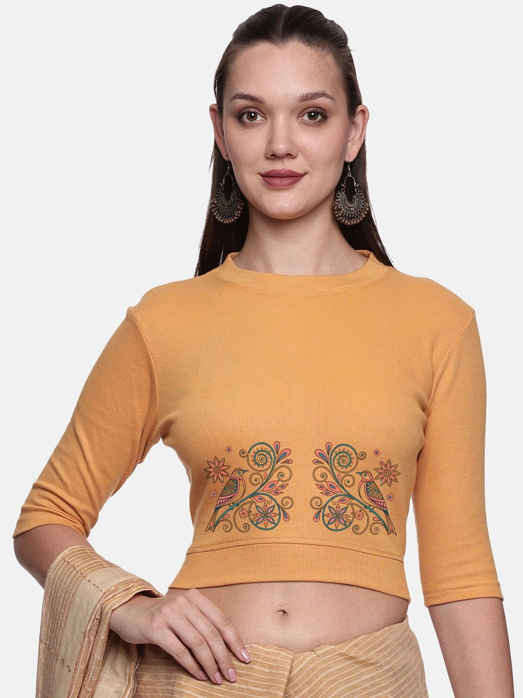 Women Back Printed Stretchable Elbow Sleeve RIB Blouse U0156