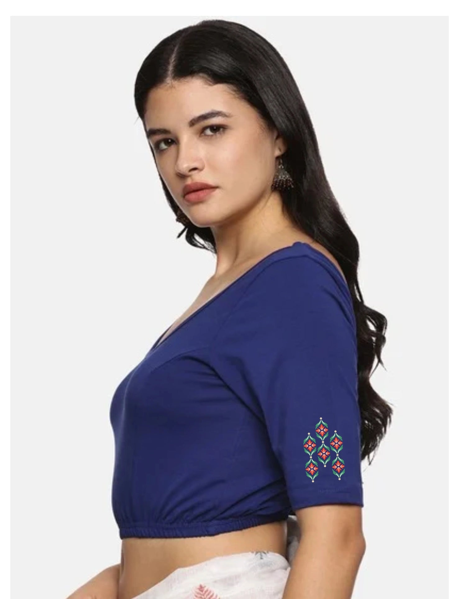 Women Back Printed Stretchable Half Sleeve Blouse U0178 Royal Blue
