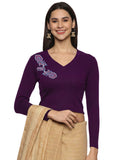 Women Back Printed Stretchable Full Sleeve V Neck RIB Blouse U0217 Violet
