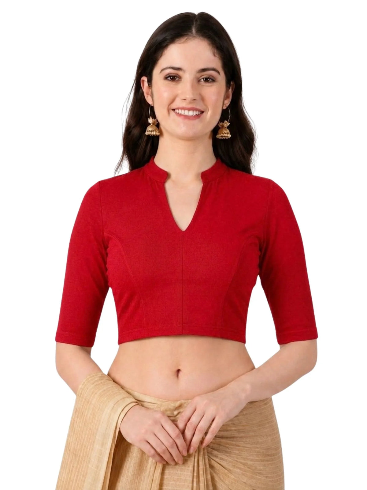 Women Mandarin Collar Back Gold Printed Stretchable Elbow Sleeve Blouse M0275 Red