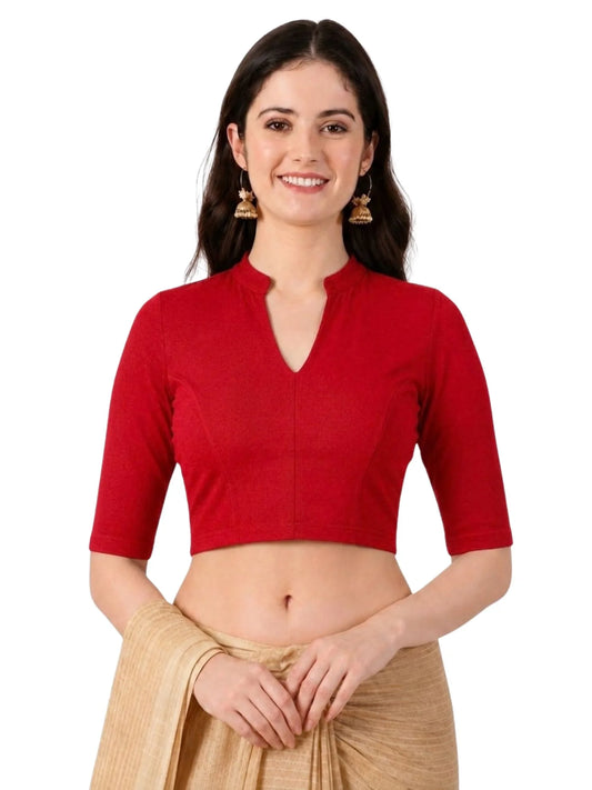 Women Mandarin Collar Plain Stretchable Elbow Sleeve Blouse U0271 Red