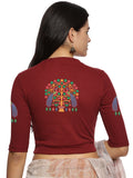 Women Back Printed Stretchable Elbow Sleeve RIB Blouse U0254 Maroon