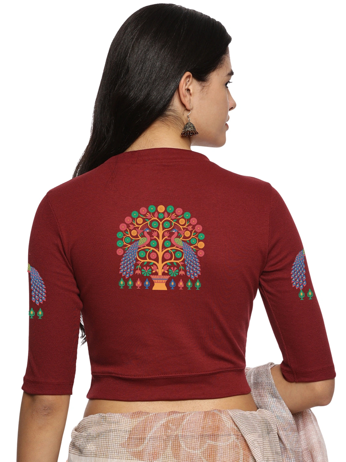 Women Back Printed Stretchable Elbow Sleeve RIB Blouse U0254 Maroon