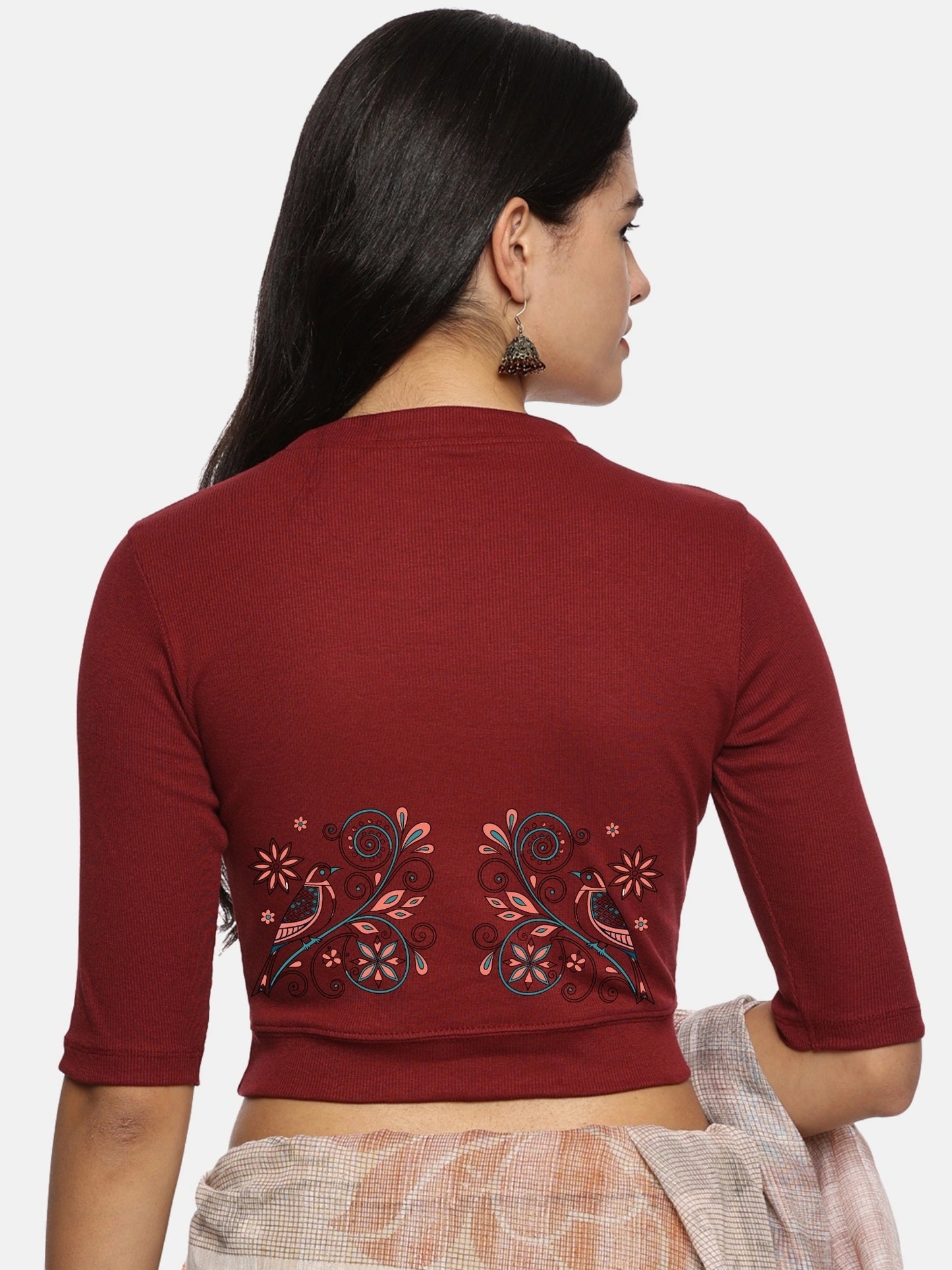 Women Back Printed Stretchable Elbow Sleeve RIB Blouse U0156 Maroon