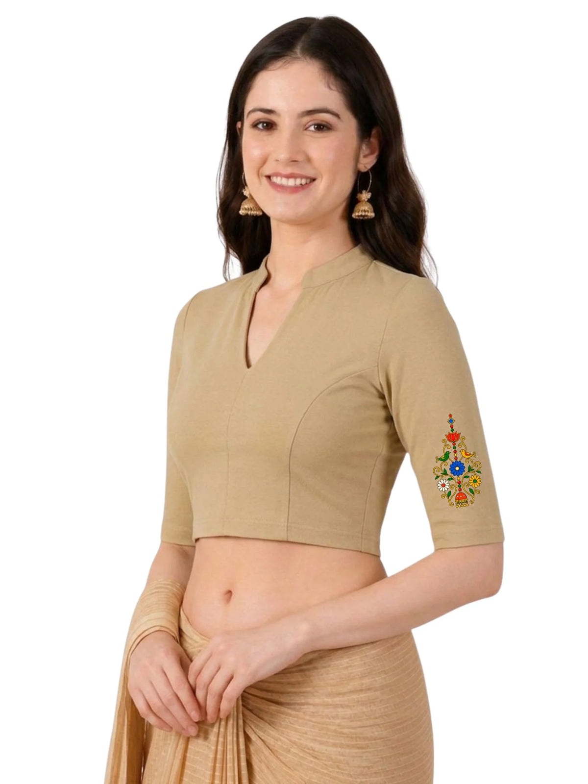 Women Mandarin Collar Back Printed Stretchable Elbow Sleeve Blouse U0267 Beige
