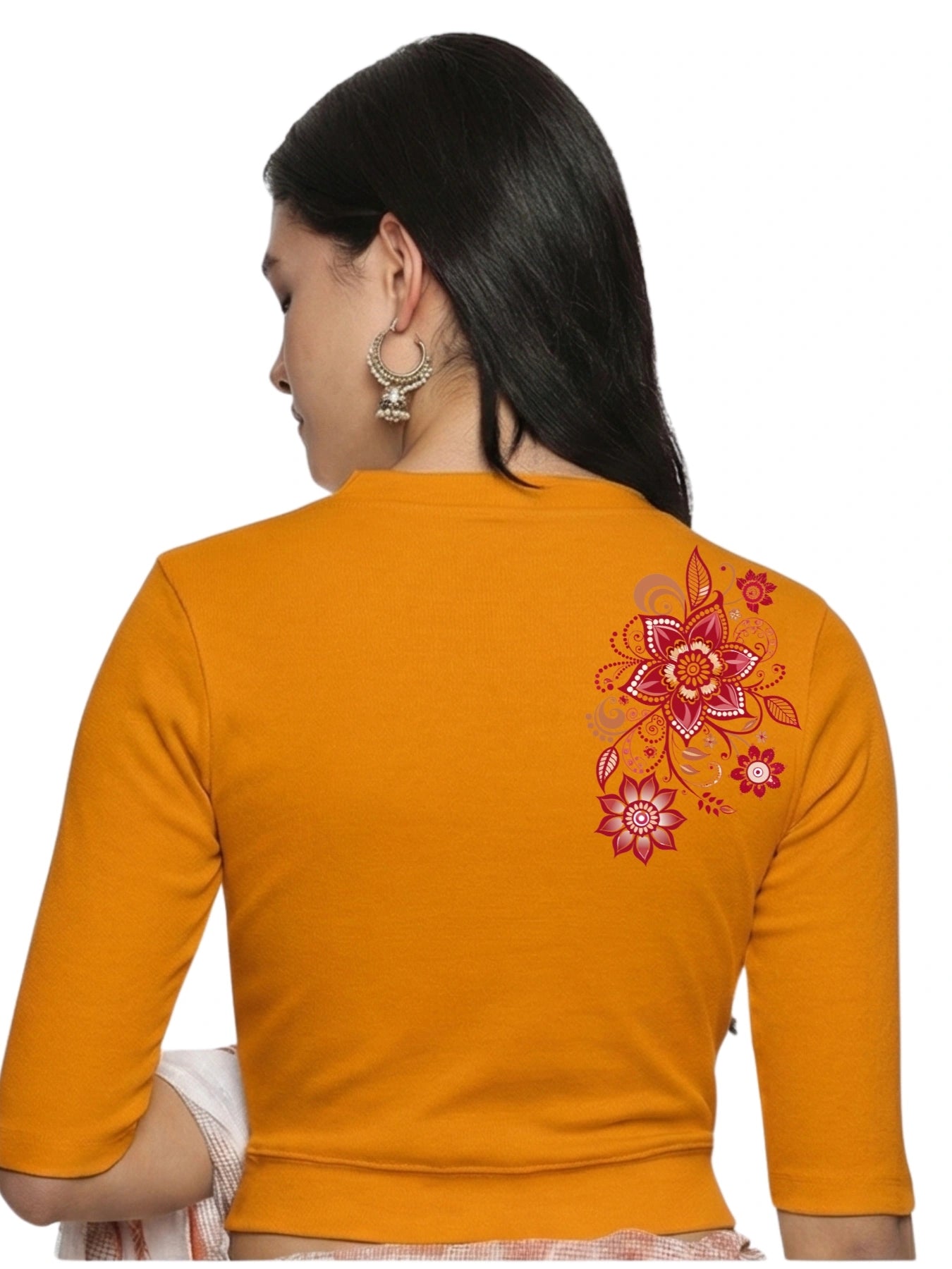 Women Back Printed Stretchable Elbow Sleeve RIB Blouse U0122 Mustard