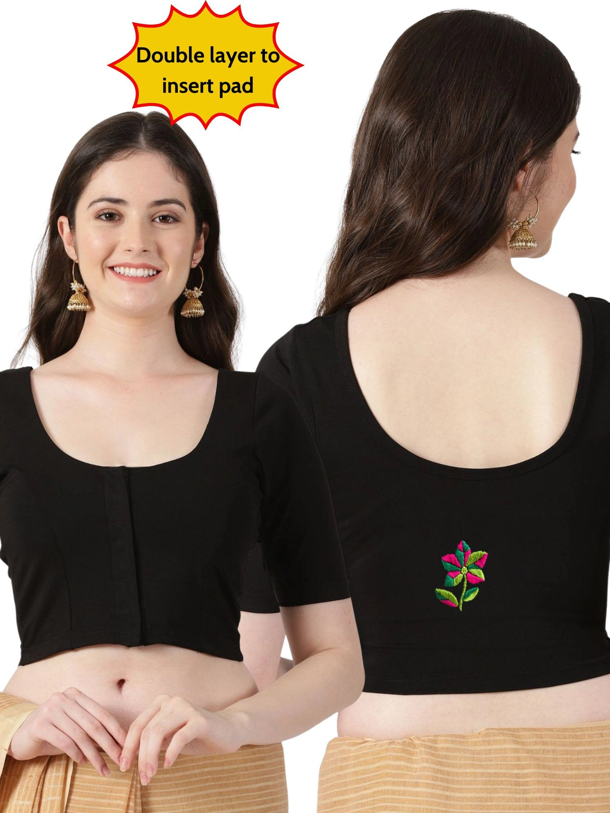 DIY Embroidery Kit with Women Front Open Stretchable Half Sleeve Blouse E03 – Black