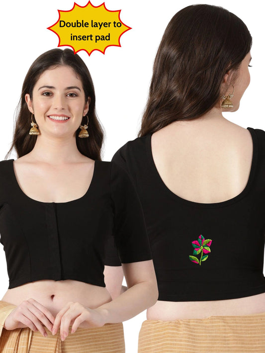 DIY Embroidery Kit with Women Front Open Stretchable Half Sleeve Blouse E03 – Black