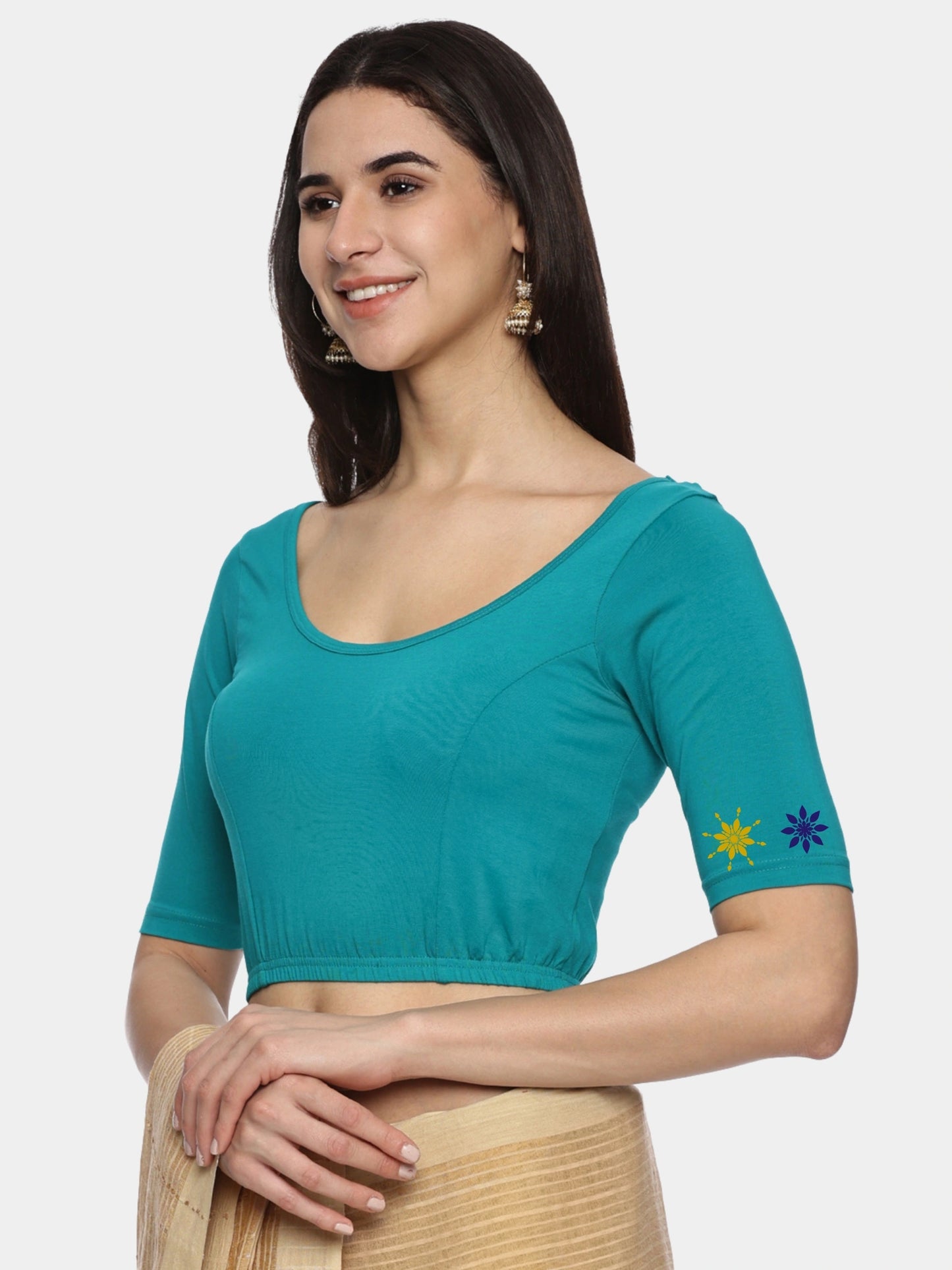 Women Back Printed Stretchable Half Sleeve Blouse U0193 Rama Green