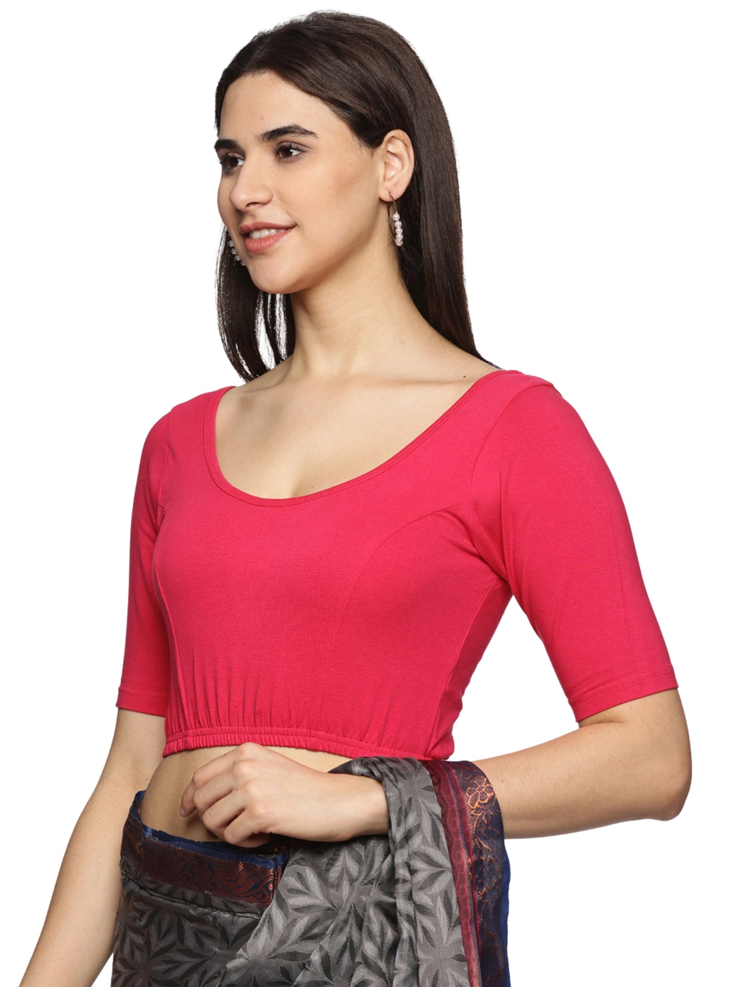 Women Plain Stretchable Half Sleeve Blouse U01A Pink