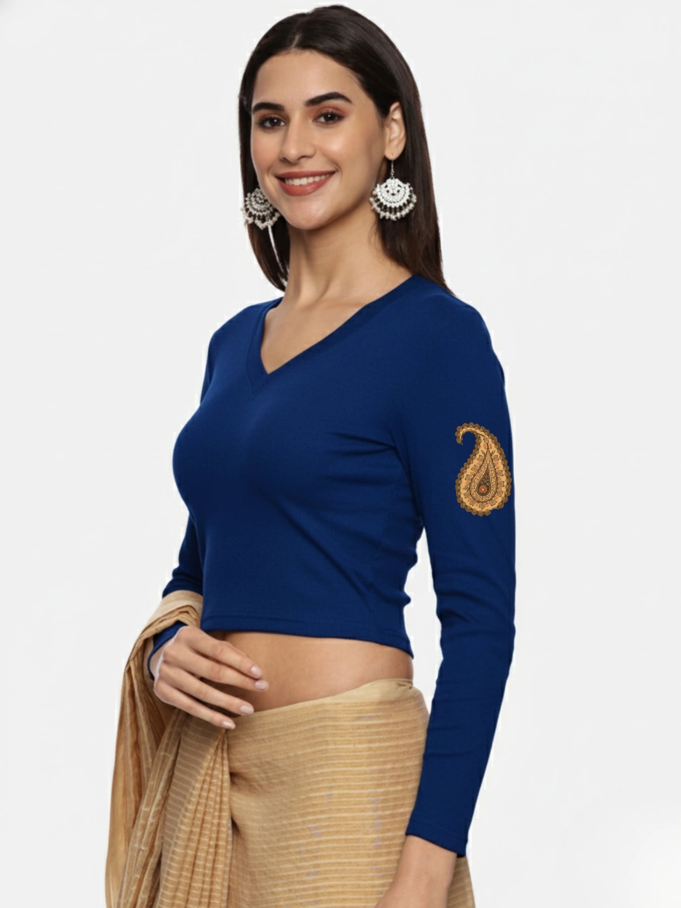 Women Back Printed Stretchable Full Sleeve V Neck RIB Blouse U0186 Royal Blue