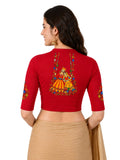 Women Mandarin Collar Back Printed Stretchable Elbow Sleeve Blouse U0267 Red