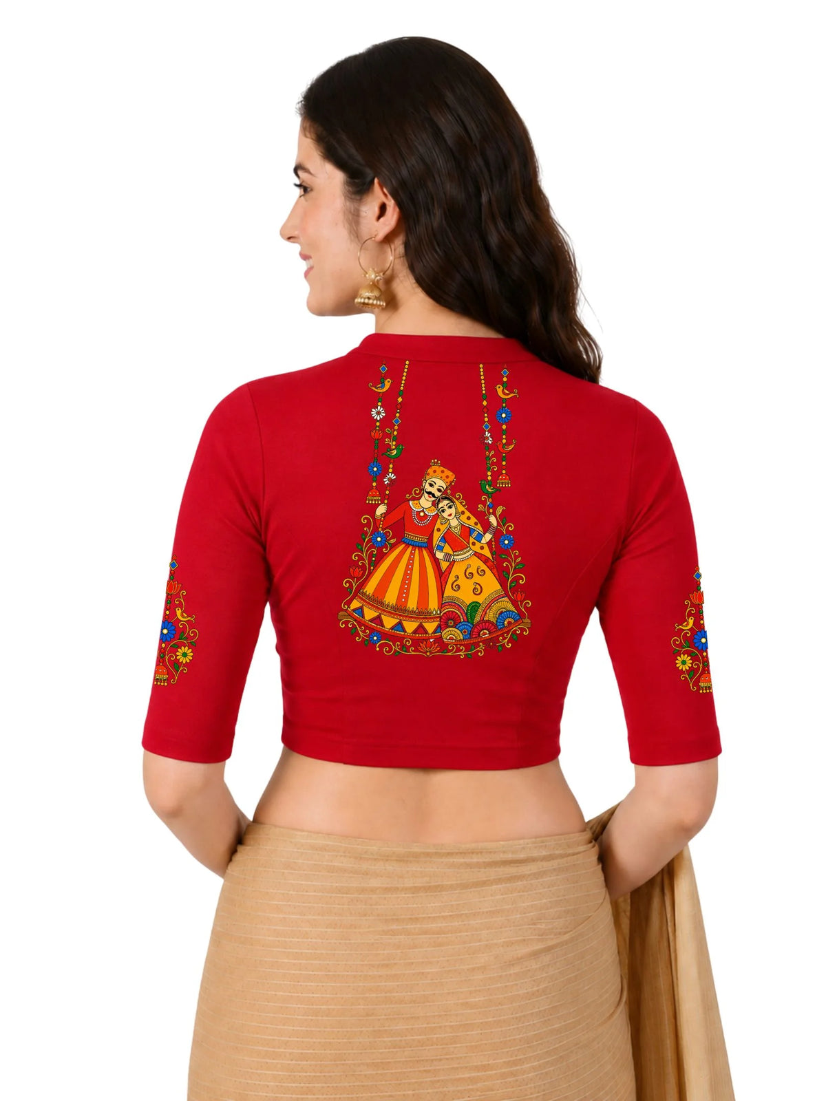 Women Mandarin Collar Back Printed Stretchable Elbow Sleeve Blouse U0267 Red