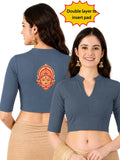Women Mandarin Collar Back Gold Printed Stretchable Elbow Sleeve Blouse M0277 Elephant Grey