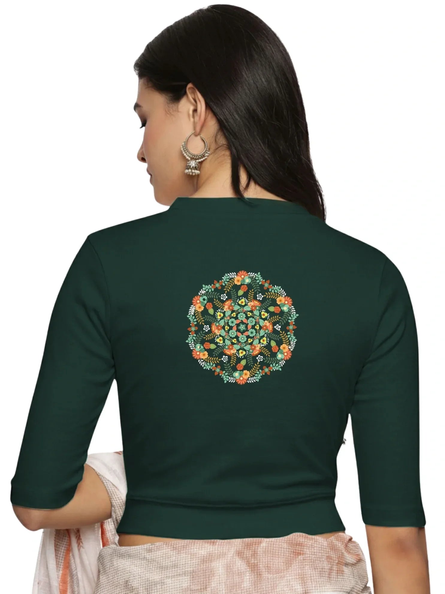 Women Back Printed Stretchable Elbow Sleeve RIB Blouse U0119 - notyetbyus