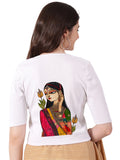 Women Stretchable Rib Square Neck Puff Sleeve Blouse Back Print U0243 White