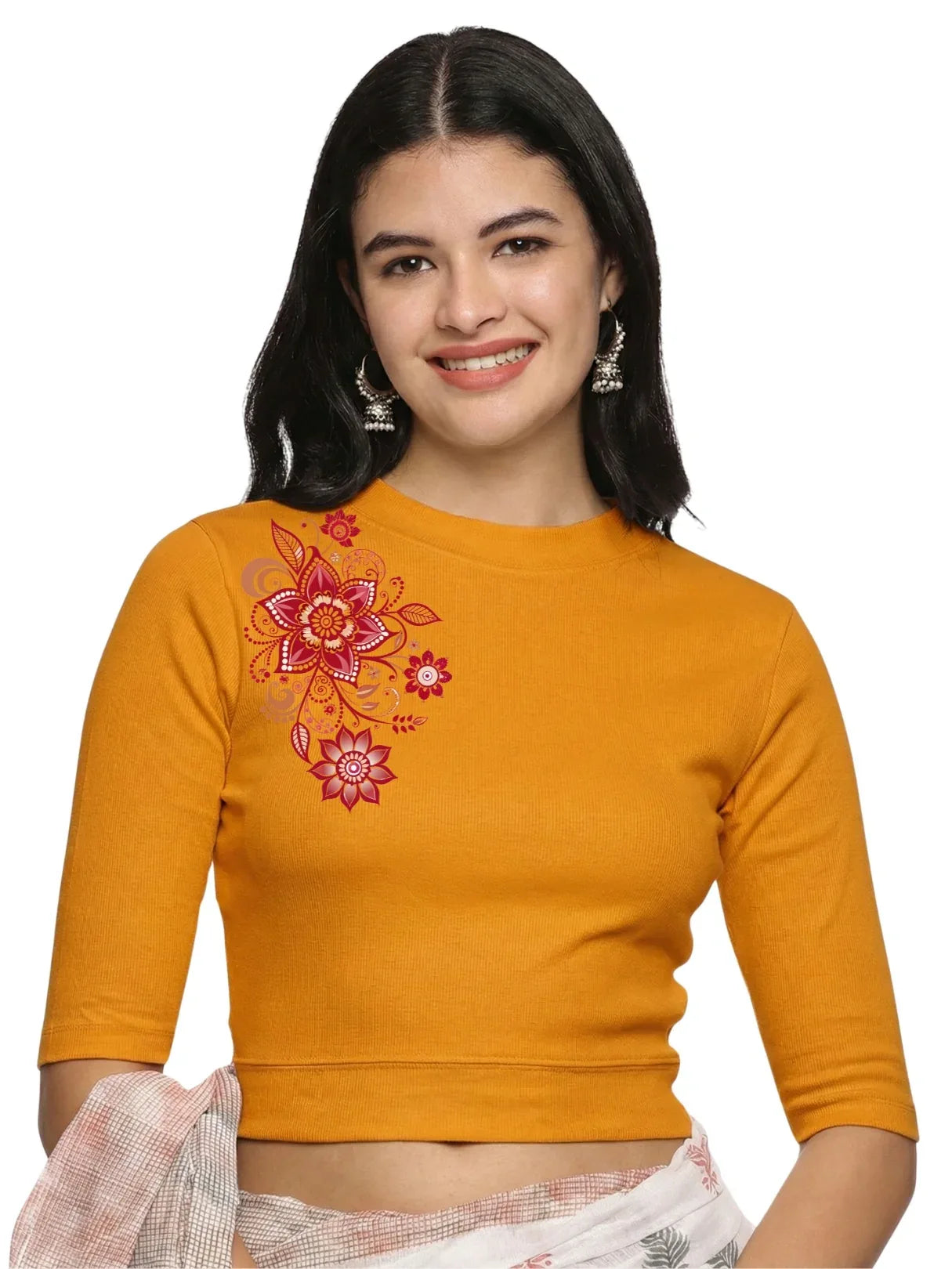 Women Back Printed Stretchable Elbow Sleeve RIB Blouse U0122 - notyetbyus