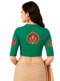 Women Mandarin Collar Back Printed Stretchable Elbow Sleeve Blouse U0269 Emerald Green