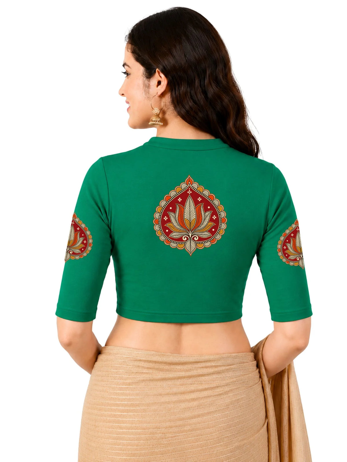 Women Mandarin Collar Back Printed Stretchable Elbow Sleeve Blouse U0269 Emerald Green