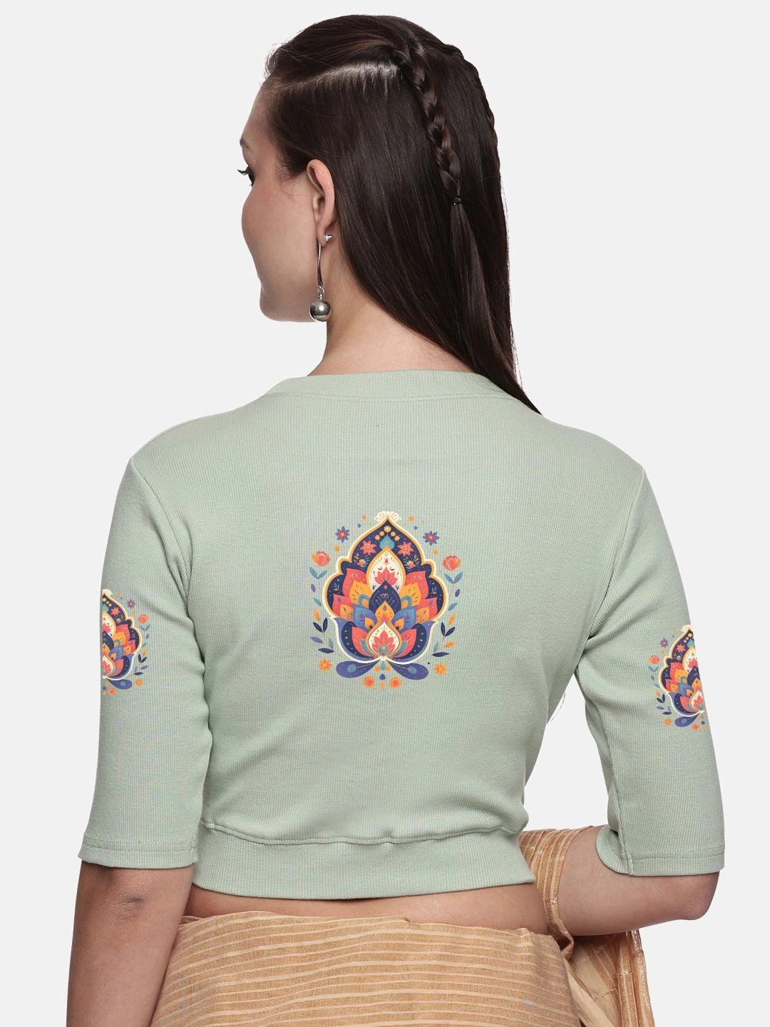 Women Back Printed Stretchable Elbow Sleeve RIB Blouse U0157