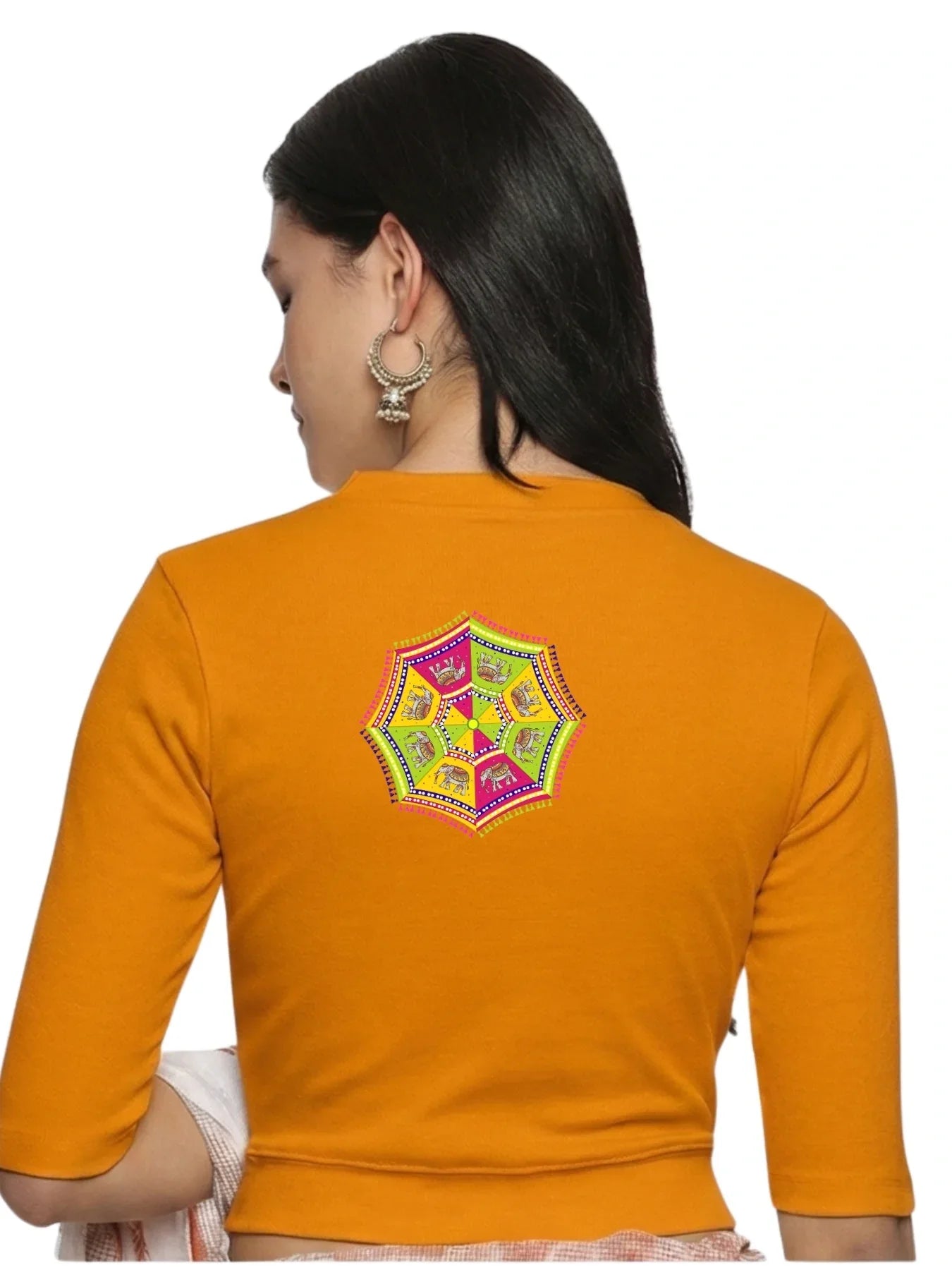 Women Back Printed Stretchable Elbow Sleeve RIB Blouse U0159 - notyetbyus