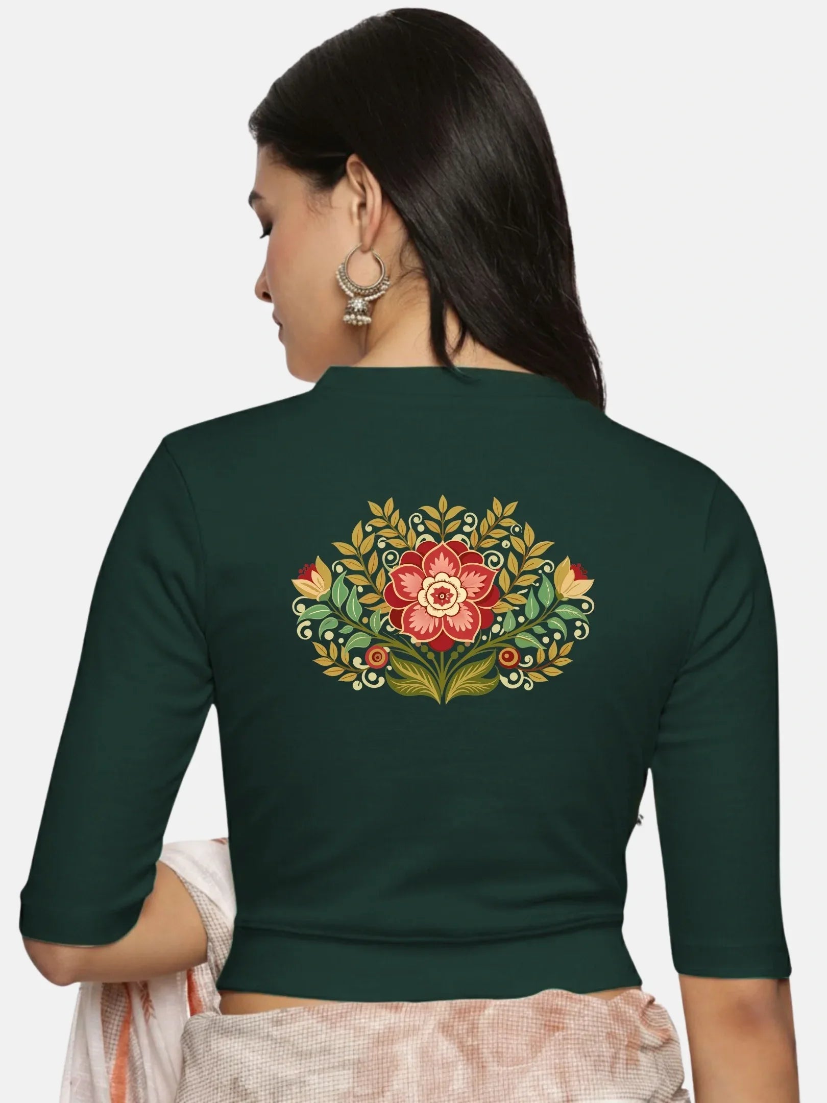 Women Back Printed Stretchable Elbow Sleeve RIB Blouse U0120 - notyetbyus